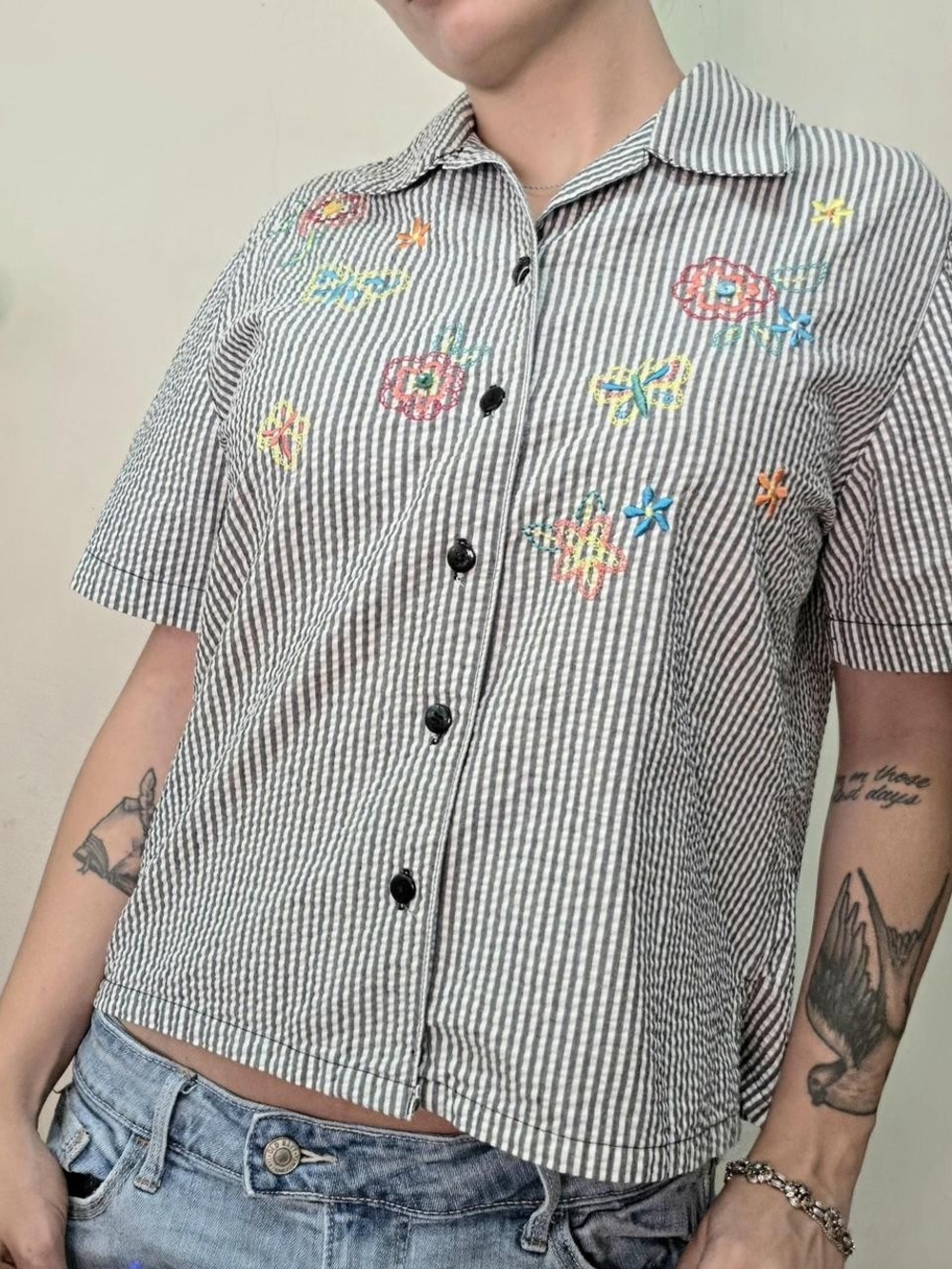 Vintage striped floral embroidered button up top
